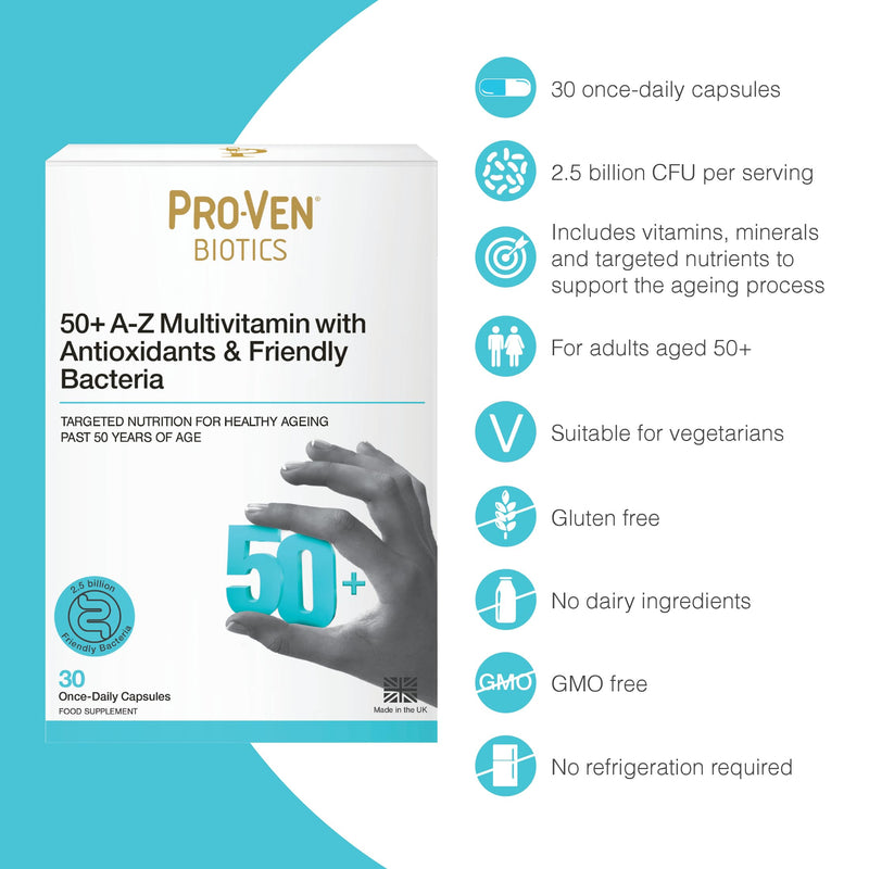 Pro-Ven Probiotics for Adults Age 50+ | Gut Health & Immune System Support | 2.5 Billion CFU Friendly Bacteria & Multivitamin Supplement | 30 Capsules