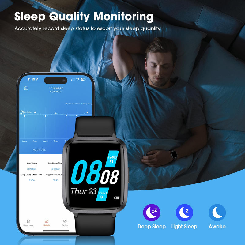 [Australia] - Fitness Tracker, Fitness Watch with Blood Oxygen, Blood Pressure & Heart Rate Monitor, Steps Calories Counter, Sleep Monitor, Pedometer 50 Meters Waterproof, Smart Watch for Android iPhones Black 