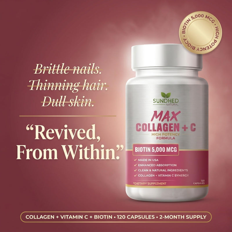 Sundhed Max Collagen Plus C - All Natural Collagen with Biotin & Bioperine to Boost Anti Aging Hydration & Skin Firmness - Strengthen Bones & Nails (Capsules 2-Month) (120 Count) 1 Count (Pack of 120)
