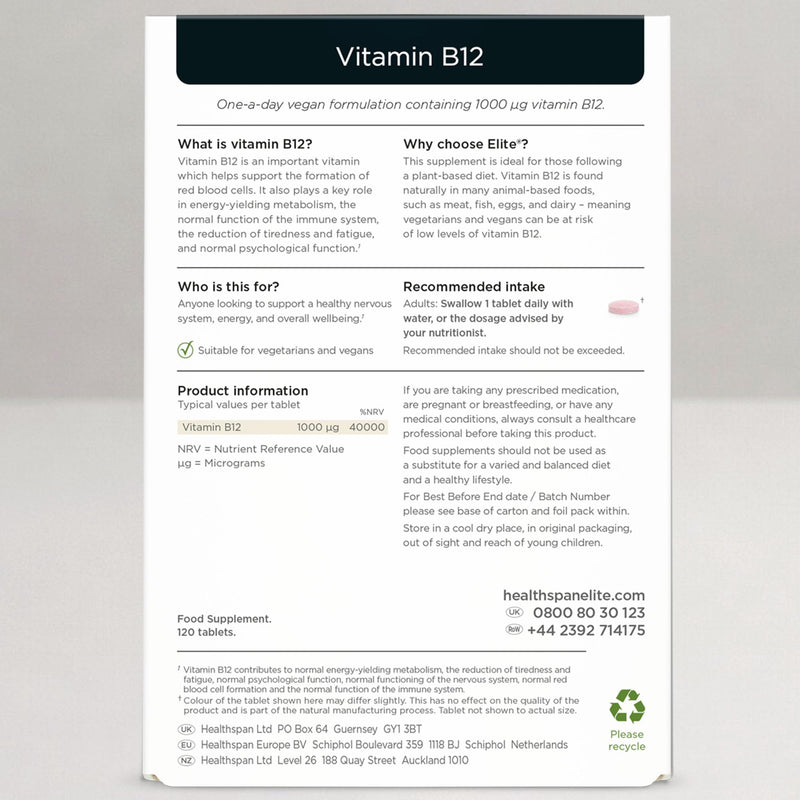 Healthspan Elite Vitamin B12 1,000µg | 120 Tablets | Official Partner of The All Blacks | Reduces Tiredness & Fatigue | Immune Health | Informed Sport Accredited | Vegan