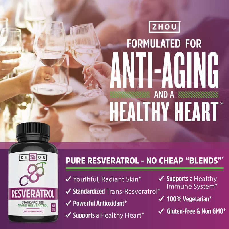 [Australia] - Zhou Resveratrol Supplement | Healthy Aging, Immune System & Heart Health Support | Powerful Antioxidant Benefits | 30 Servings, 60 Veg Caps 