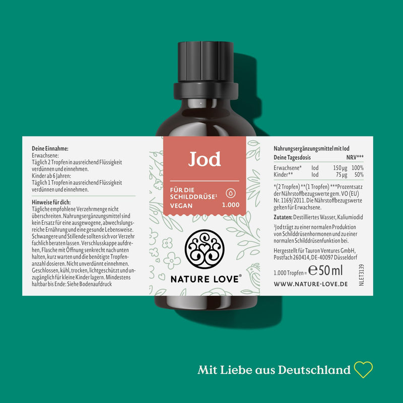 [Australia] - NATURE LOVE® Iodine drops for the thyroid - 150µg 50ml - alcohol-free and vegan - tasteless, highly bioavailable - high dosage & laboratory tested 