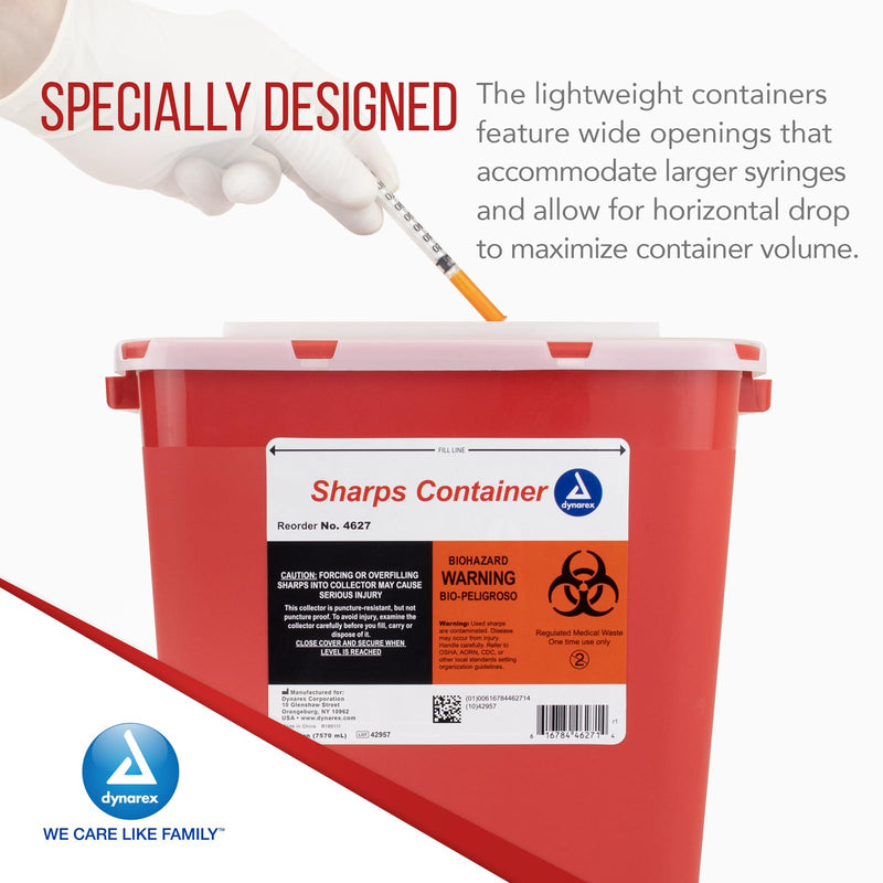 [Australia] - Dynarex Sharps Container, Provides a Safe Disposal of Medical Waste and Needles, Non-Sterile & Latex-Free, 2 Gallons, Made with Thermoplastic, Red with a Transparent Lid, 1 Dynarex Sharps Container 2 Gallon (Single) 