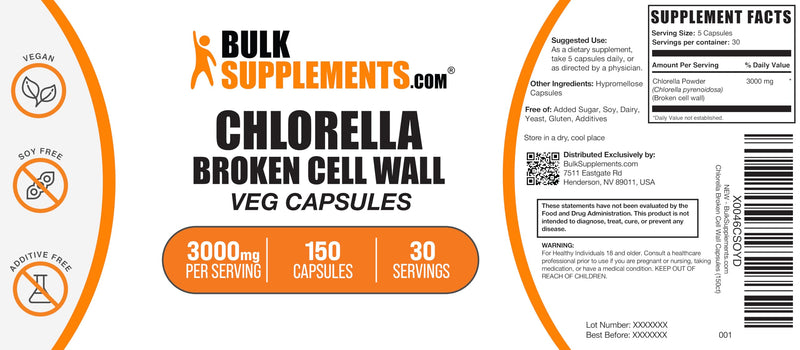 BulkSupplements.com Chlorella Capsules - Broken Cell Wall, Chlorella Supplement - Superfood Supplement, Vegan & Gluten Free, 5 Capsules per Serving, 150 Count (Pack of 1)