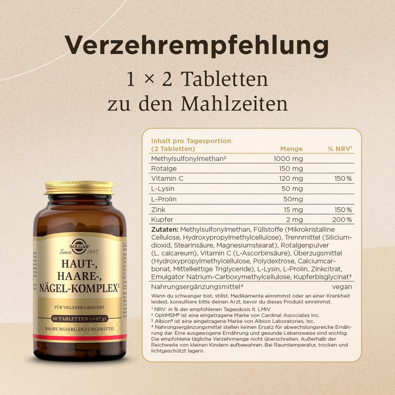 [Australia] - SOLGAR® skin, hair, nails complex | with MSM, red algae, vitamin C, lysine, proline, zinc & copper for hair, skin and nails | Unique formula with patented OptiMSM® | 60 tablets 60 pieces (pack of 1) 