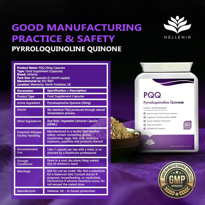 PQQ Supplement 20mg | Pure Pyrroloquinoline Quinone - High Strength | 60 Vegan PQQ Capsules | Energy, Brain, Cell Health, Mitochondria & Anti-Ageing Support | 2-Month Supply Made in the UK by Hellenia