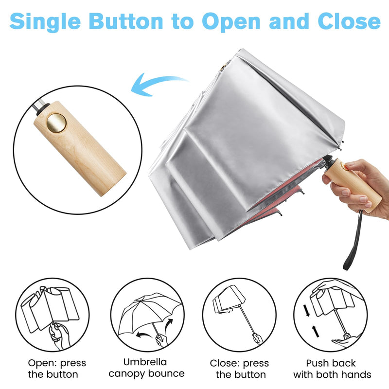 G4Free Windproof Travel Umbrella with Large Wooden Handle, UV Sun Protection Rain Umbrella Automatic Open And Close Compact 46" Large Canopy with UPF 50+