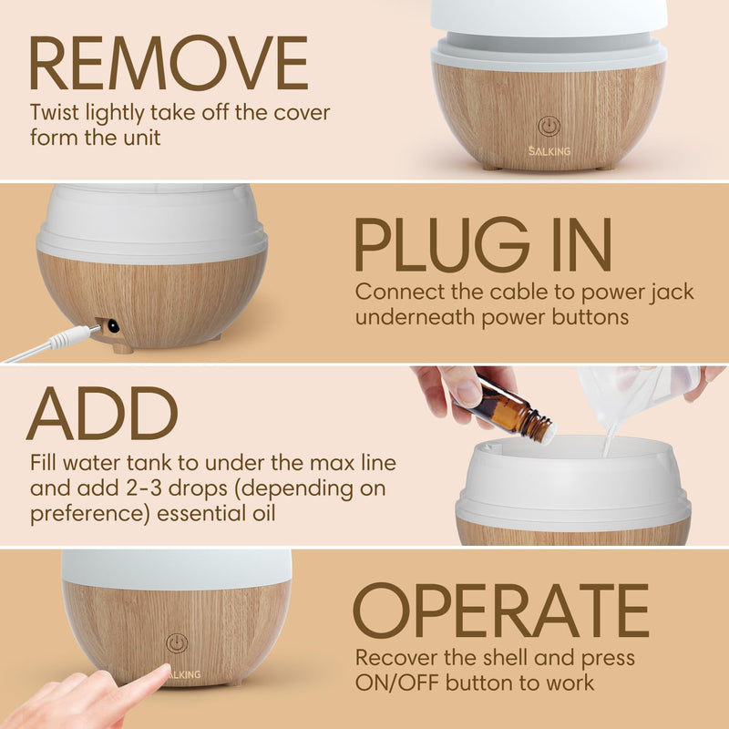 [Australia] - SALKING Essential Oil Diffuser, 100ml Small Aromatherapy Diffuser with Auto Shut-Off Function, Ultrasonic Diffusers for Essential Oils, Cool Mist Humidifier with Warm White Lights, for Office Home White + Wooden Grain 
