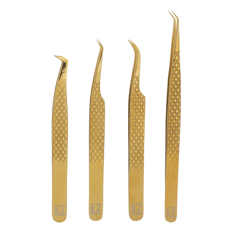 M LASH Tweezers for Eyelash Extensions (Set of 4) - Professional Lash Extension Tweezers - Fiber Tip, Japanese Steel, Diamond Grip Eyelash Extension Tweezer (Gold) Gold