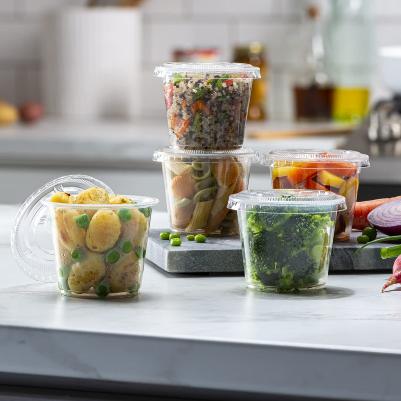 [Australia] - (5 oz - 100 Sets) Clear Diposable Plastic Portion Cups With Lids, Small Mini Containers For Portion Controll, Meal Prep, Sauce Cups, Slime, Medicine, Dressings, Crafts, Disposable Souffle Cups 5 Ounce 