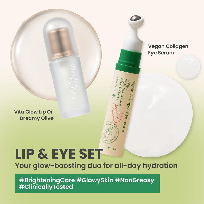 AXIS-Y Lip & Eye Set – Vegan Eye Serum & Vita Glow Lip Oil Dreamy Olive | Triple Hyaluronic Acid & Vitamin E for Lasting Hydration, Strengthen Skin Barrier, Moisture Lock & Glossy Lips with Eye Care