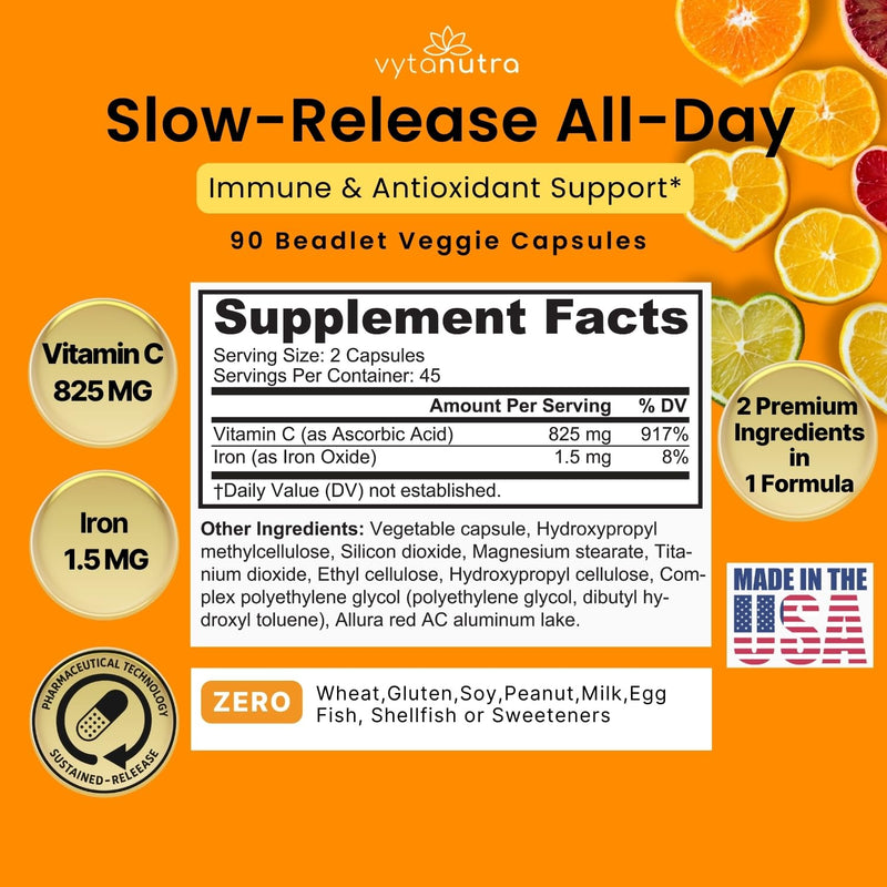 Immune Support Vitamin C – with Iron, Non-GMO, Vegan, Gluten-Free, Slow Release Beadlet Capsules, 90 Count