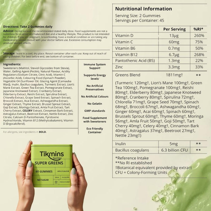 Super Greens Gummies | with Zinc, Vitamin B12, B6 & Vitamin C, D | Greens Supplement Multivitamin Gummies Made with 20+ Fruits & Veggies | Gluten-Free, Sugar-Free & Vegan (Green Apple) Green Apple