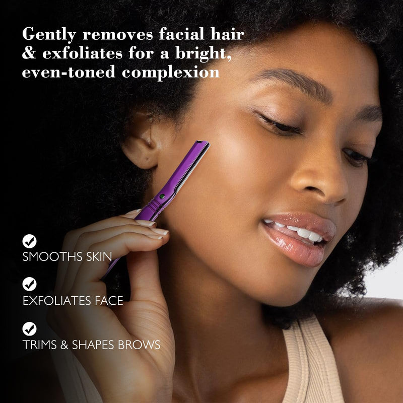 [Australia] - Eyebrow Razor for Women and Men, Face Razors for Women, Dermaplane Razor with Protective Silicone Cover, Reusable Metal Handle with 6 Refill Blades, Skin Care Tool - Purple 