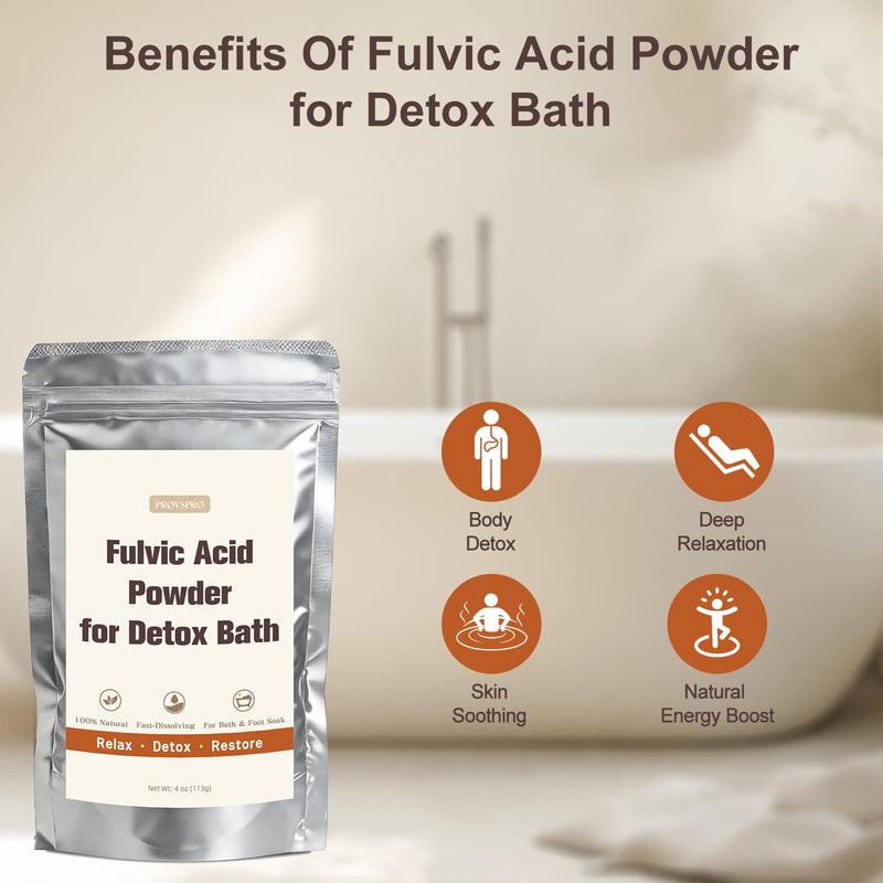 Fulvic Acid Detox Bath Powder 4oz – Natural Mineral Bath Soak for Foot & Body, Vegan Self-Care Spa Gift, No Additives, Gentle on Skin, Fast Dissolving, Includes 5g Scoop, Easy to Use