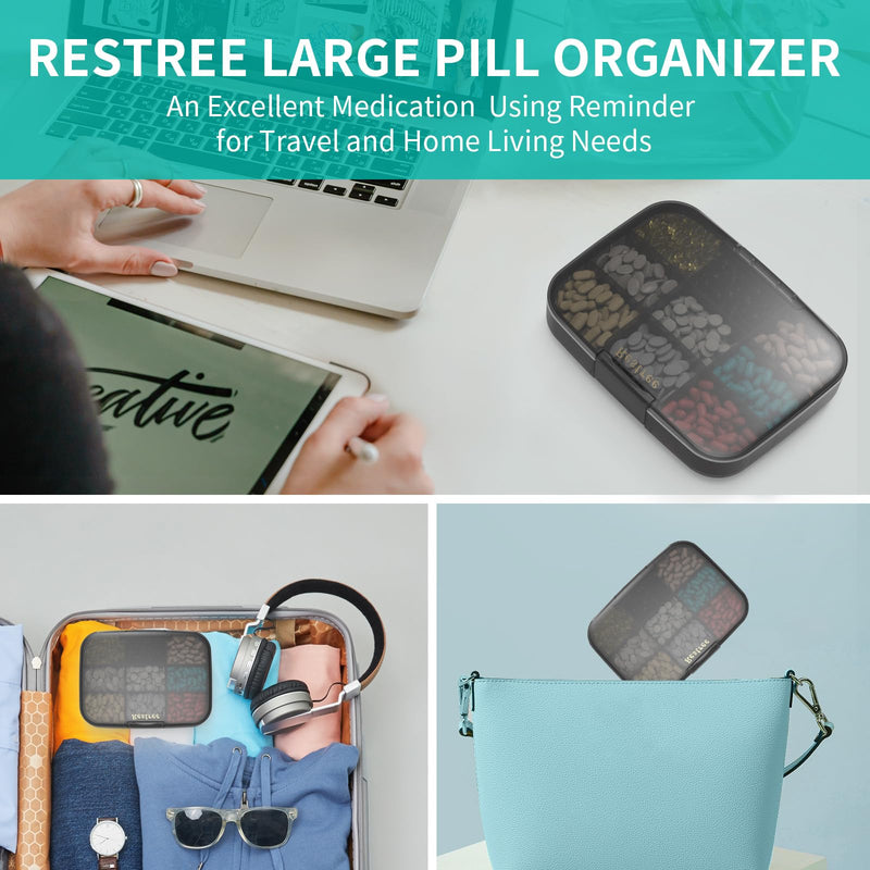 [Australia] - Large Pill Organizer, Portable Pill Dispenser, Moisture-Proof Travel Pill Case for Vitamin, Medicine, Fish Oil/Supplements Extra Large 9 compartments (Black) Black 
