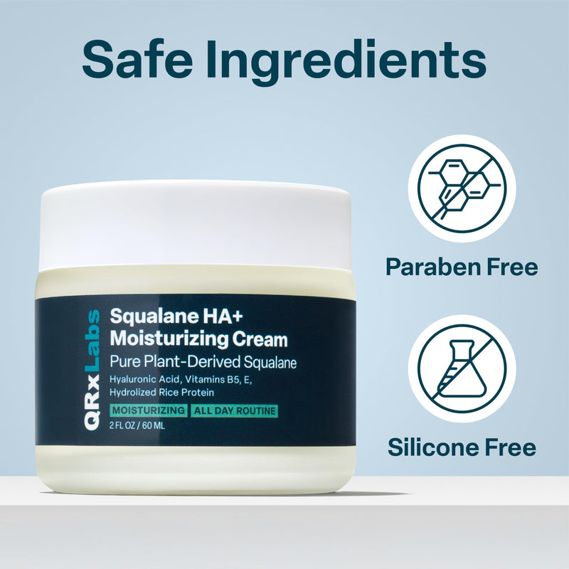 QRxLabs Squalane + Hyaluronic Acid Cream - Daily Face Moisturizer, 2oz | Fast-absorbing, non-greasy daily moisturizer for instant, lasting hydration and skin barrier support. Non-comedogenic.