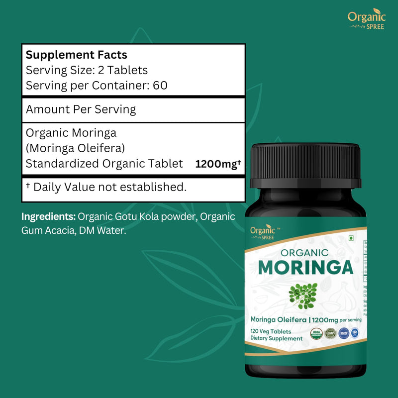 ORGANIC SPREE Moringa 120 Tablets | Moringa Oleifera (Drumstick Leaf) | USDA Organic Certified | Dietary Supplement - 120 Tablets* (1)