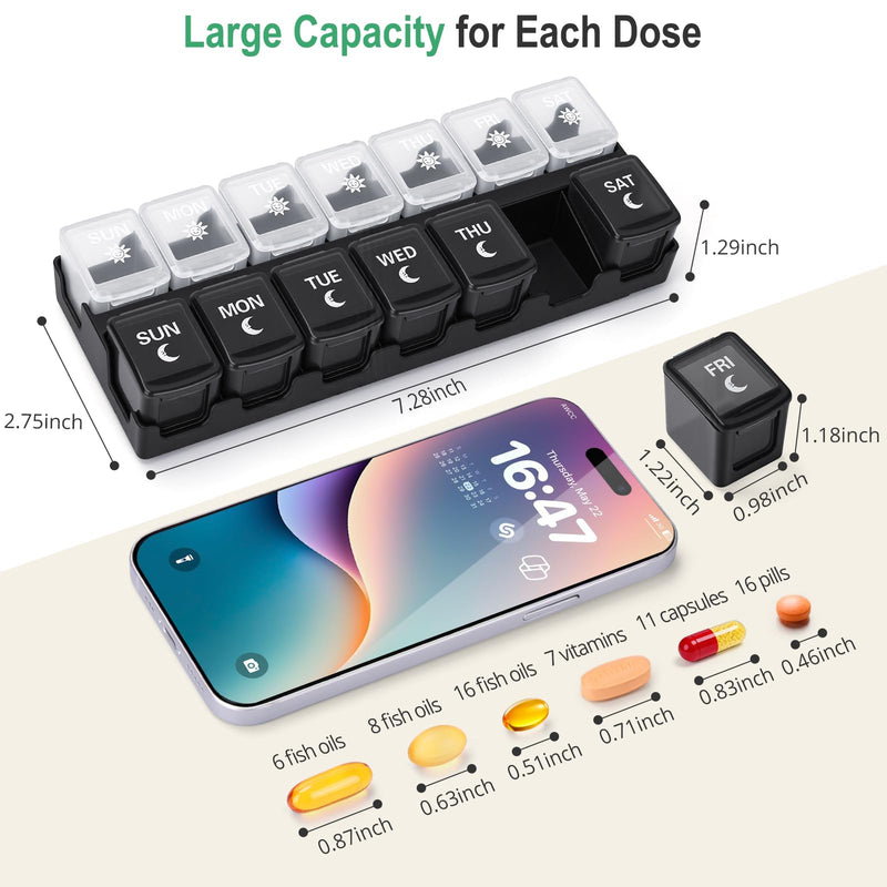 Weekly Pill Organizer 2 Times a Day,Magnetic Pill Case for Fridge-Black | 7-Day AM/PM Medicine Planner with 14 Detachable Compartments, Easy Open for Big Vitamins, Supplements, Medication Black+white