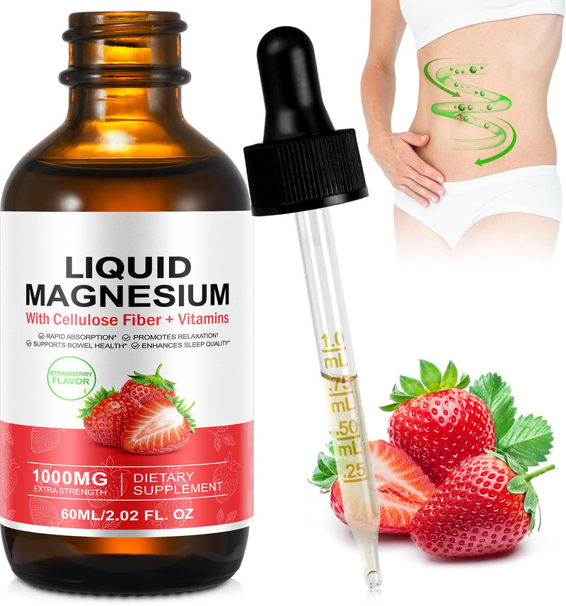 Magnesium Liquid, Magnesium Glycinate Liquid with Cellulose Fiber & Vitamins for Adults, 1000MG Extra Strength Sugar Free Vegan Non-GMO Complex Supplement, Strawberry Flavor, 60 Servings