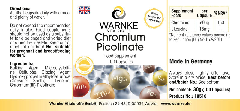 [Australia] - Chromium picolinate - with 60µg chromium per capsule - 100 capsules - essential trace element - vegan - Chromium Picolinate | Warnke vital substances - German pharmacy quality 