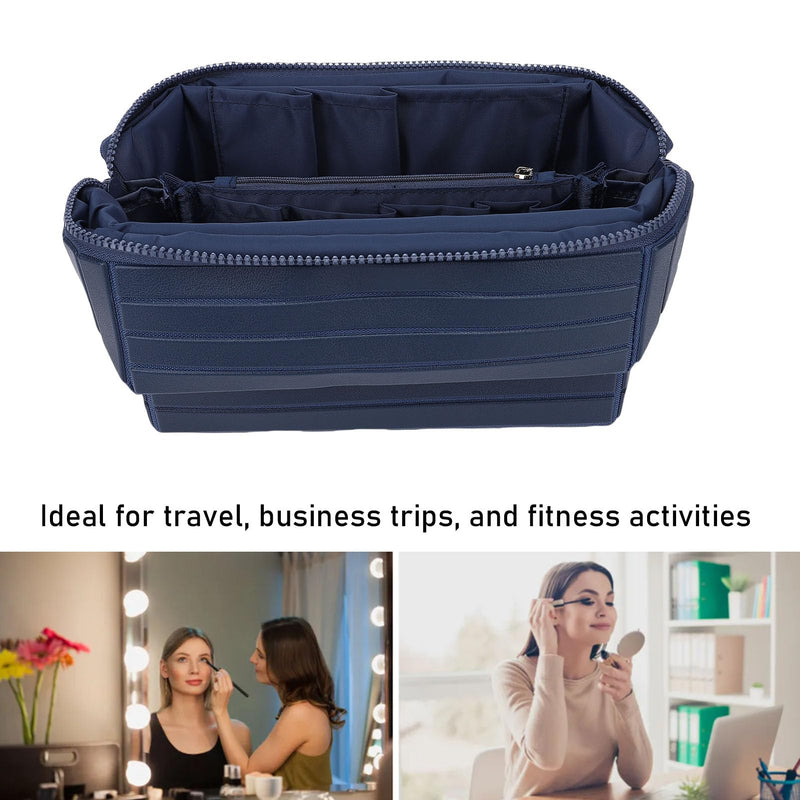 Vikye Foldable Makeup Bag, Large Capacity Flat Open Travel Cosmetic Case Zippered Toiletry Organizer with PU Leather and Canvas, for Skincare Navy Blue
