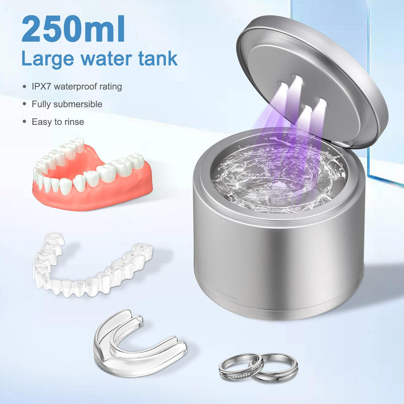 [Australia] - Ultrasonic Cleaner for Mouthguards, Retainers, Dentures Jewelry with UV Sanitizing, 45kHz 3-Cleaning-Mode Silver 