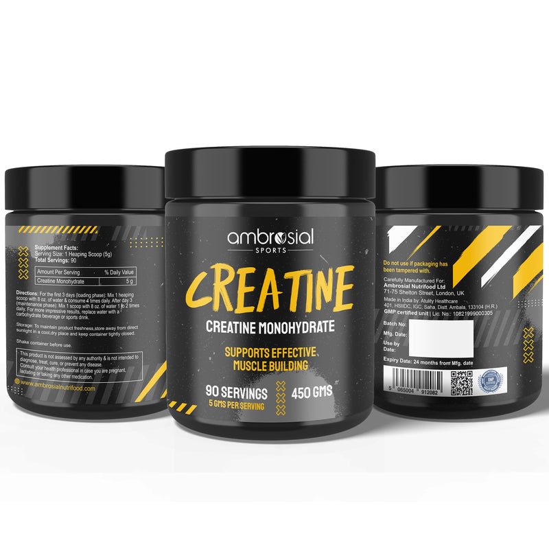 Ambrosial Creatine Monohydrate Powder 5000 mg per Serving x 90 Servings, 450 g - Unflavoured, Vegan Creatine Supplement for Men & Women, GMP-Certified, Non-GMO & Gluten Free
