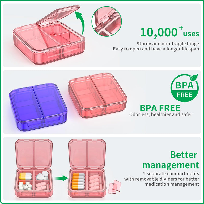 Small Pill Box,4 Compartments Travel Pill Case, Portable Pill Organizer,Mini Pill Container for Pocket,Daily Compact Travel Medicine Holder for Vitamins Fish Oil and Supplement Storage(Pink+Purple) Pink+purple