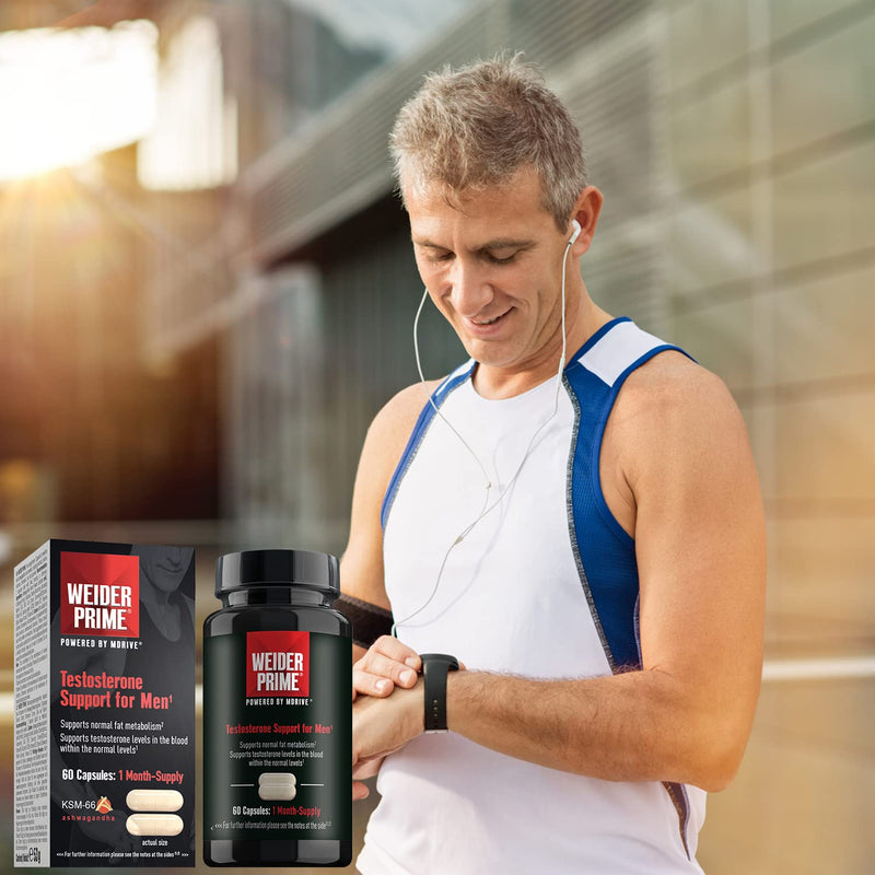 Weider Prime Testosterone Support for Men, Ashwagandha Extract (KSM-66) Supports Energy, Lean Muscle, Mental Focus, Vitality, 60 Capsules