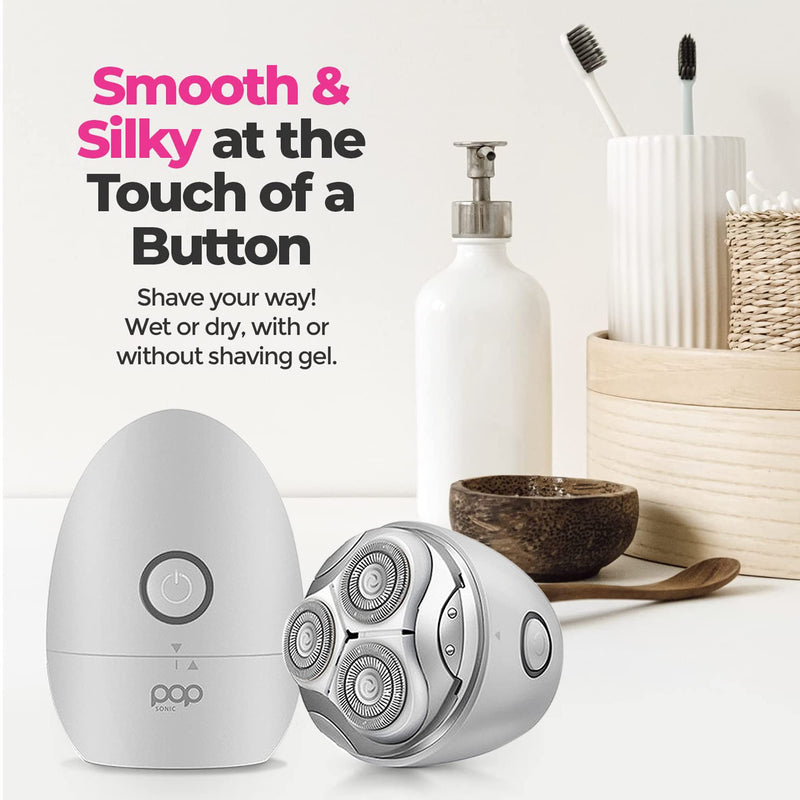 [Australia] - Pop Sonic Moon Shaver (Silver) - Face & Body Shavers for Men & Women - 3 Floating Rotary Heads Face Shaver w/Removable Cap - Long Lasting Lithium-ion Battery Portable Electric Shaver & Leg Shaver Silver 