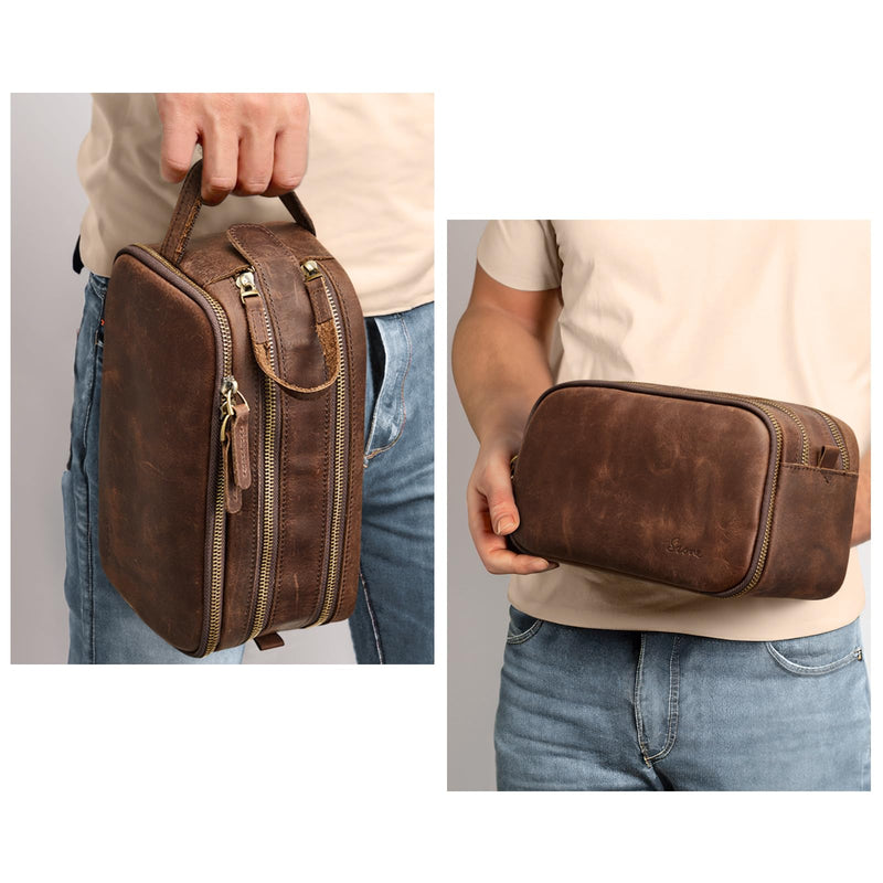 S-ZONE Leather Travel Toiletry Bag for Men Women Cosmetic Shaving Bags | Vintage Top Grain Leather, Multi Compartments, Bronze Hardware, Compact Dopp Kit Dark Brown
