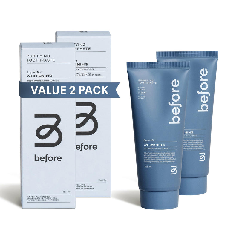 Before | Whitening Anti-Cavity Toothpaste | Vegan, Reduces Plaque for Gum Health, Balanced Foaming, Low Abrasion, Long Lasting Minty Fresh Breath, Plant-Based 3.5oz Tubes, Made in The USA — 2 Pack