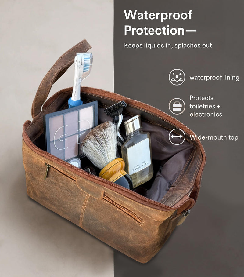 Leather Toiletry Bag for Men - Full Grain Travel Dopp Kit & Shaving Bag | Single Compartment, Back Zip Pocket, Waterproof Lining; Shaving & Cologne Organizer; TSA Carry-On; Gift for Men & Women Brown (Without Bottom Compartment)