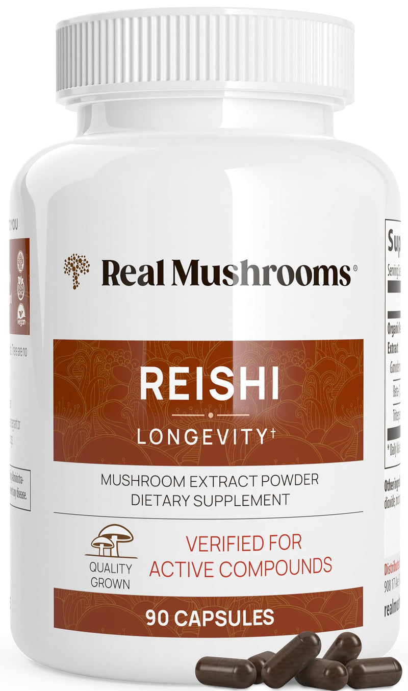 [Australia] - Real Mushrooms Reishi Mushroom Capsules - Handpicked Organic Mushroom Extracts - Red Reishi for Tranquil Daily Wellness with Verified Beta Glucans Vegan, Non-GMO, No Grain Fillers, 90 ct Reishi Capsules 90 Count (Pack of 1) 