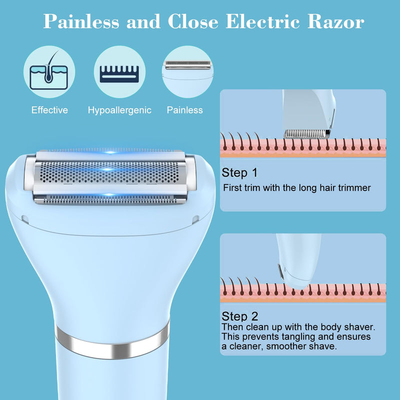 [Australia] - 3-in-1 Electric Razor IPX7 Waterproof Bikini Trimmer Wet & Dry Use Painless Personal Trimmer Groomer for Ladies Face Body Legs Bikini Public Hairs Electric Lady Shaver with Replaceable Heads 