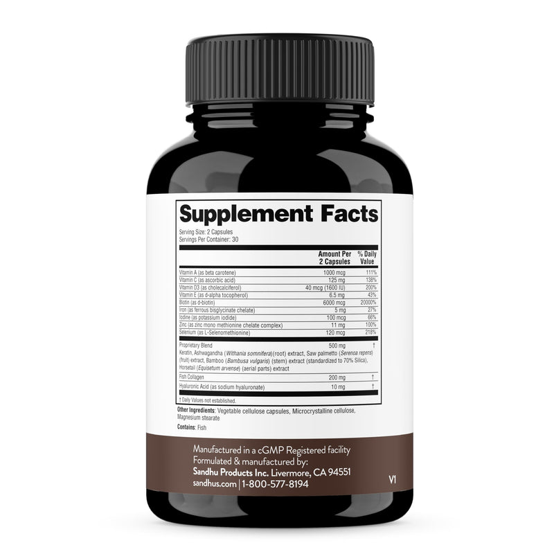 Biotin 6000mcg Collagen Keratin Hair Skin Nails Supplement, 180 Count | Hair Vitamins With Fish Collagen Hydrolyzed Keratin Hyaluronic Acid MSM Bamboo Extract, For Women & Men, USA Made By Sandhus #1 Hair Vitamins 60 Count (Pack of 3)