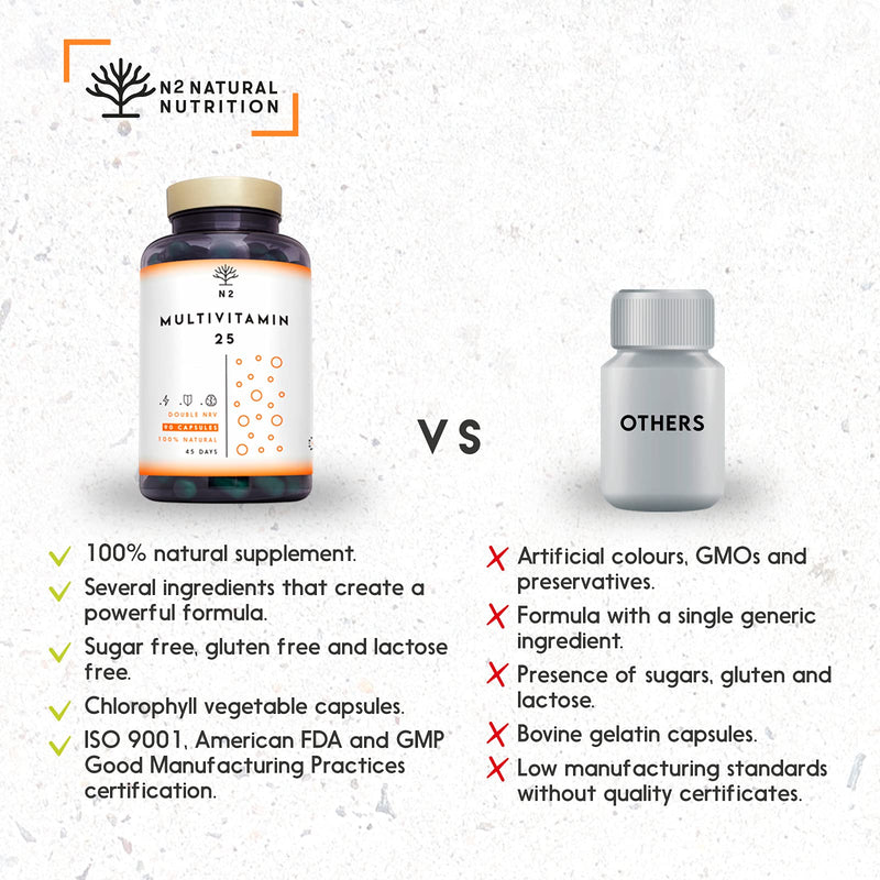 Vitamin C and D - HIGH DOSE 200% of the Recommended Daily Value - Multivitamin 25 Vitamins & Minerals Zinc Magnesium Vitamin E B1 B12 B6 - Women Men 90 Capsules N2 Natural Nutrition