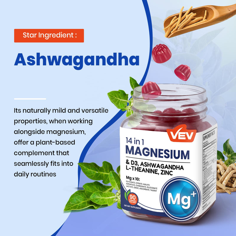 [Australia] - VEV Magnesium Complex DeepCalm 14-in-1 Gummies ‚Äì with Ashwagandha, L-Theanine, D3 & Zinc ‚Äì Cortisol Supplements for Women ‚Äì 90 Sugar-Free Vegan Magnesium Glycinate Complex Gummies Purple 
