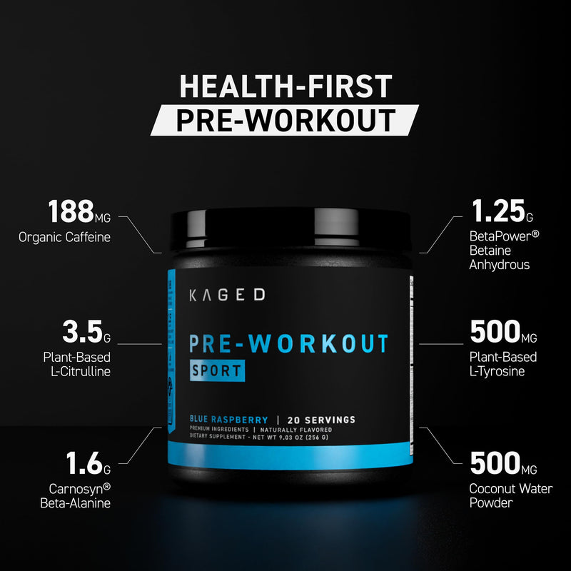 [Australia] - Kaged Sport Pre Workout Powder for Men & Women, Blue Razz, Sport Certified, 188mg Caffeine, Nitric Oxide Supplement, Beta Alanine for Energy, Weightlifting, Cardio Endurance & Strength, 20 Servings 