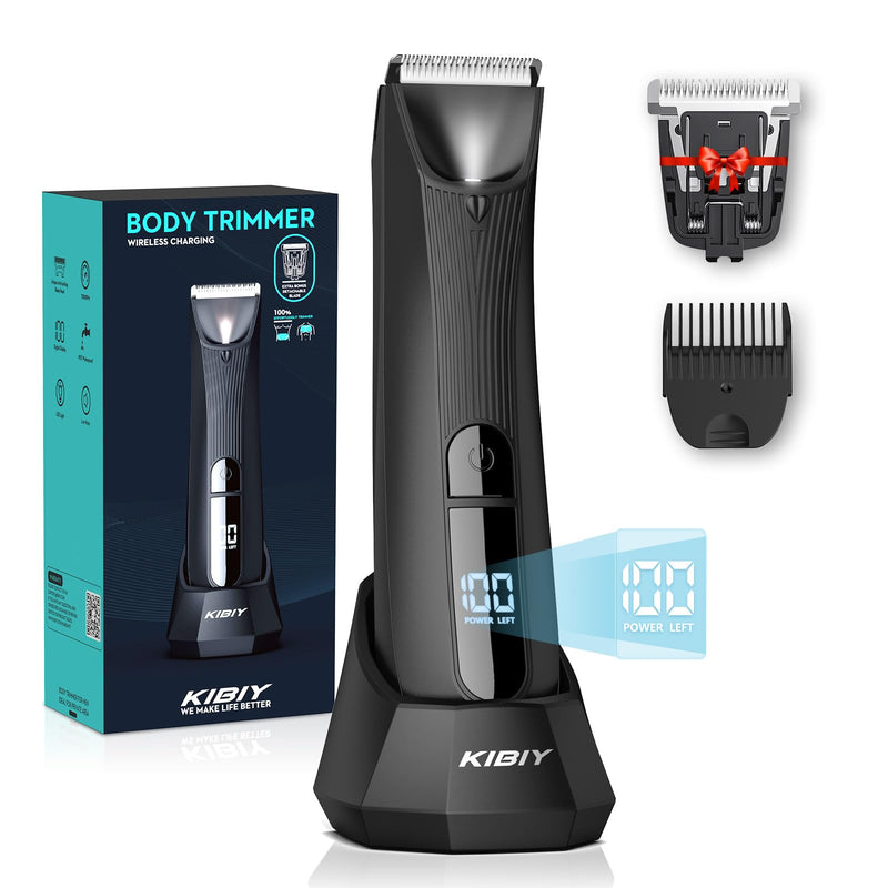 [Australia] - Intimate razor for men, Kibiy electric body razor for men with replaceable anti-cut ceramic blade, professional IPX7 waterproof body hair trimmer with LED light, display and standing charging station... Black Body with two blades 