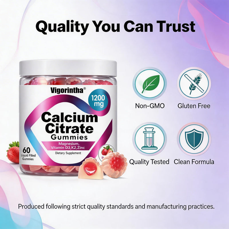 Calcium Citrate Gummies 1200mg with Magnesium,Vitamin D3, K2, Calcium Supplements for Women & Men- Easy to Digest, Vegan, Gluten Free,Sugar Free- Strawberry Flavor, 120 Calcium Gummies 60 Count (Pack of 2)