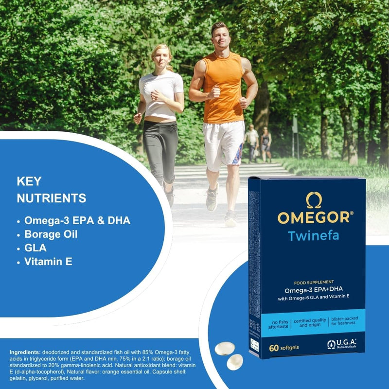 OMEGOR TwinEFA - Omega 3 6 9 Capsules High Strength - Omega3 1890mg EPA/DHA with Fish Oil and Borage Oil - No Aftertaste (60 Orange Flavoured Capsules)