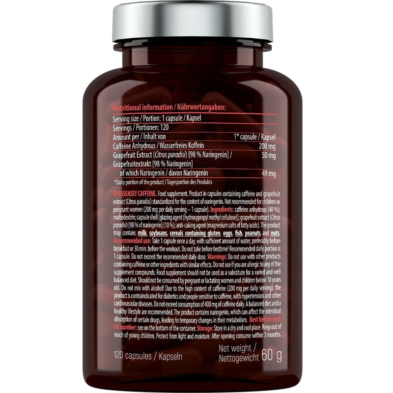 [Australia] - ESSENSEY - Caffeine capsules I Caffeine 200 mg I 120 capsules I Grapefruit extract 50 mg - I Naringenin 49 mg I For vegetarians I 120 daily doses I Cellulose capsule 