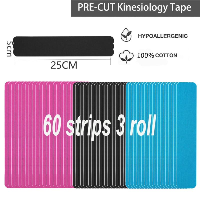 [Australia] - Kinesiology Tape Pro Athletic Sports (3 Rolls,60 Precut Strips) Waterproof Breathable Latex Free Tape for Ankle Wrists Knees Elastic Running Tennis Swimming Football Sports Activities Tapes (Mix) 3 pack Black+blue+pink 
