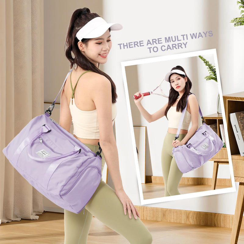 Gym Bag for Women Men with Shoes Compartment,Sports Duffle Bag Personal item travel Duffel Bags Tote Bag Small Carry on Weekender Overnight Bag Workout Dance Bag Hospital Holdalls Light Purple A13-Light Purple