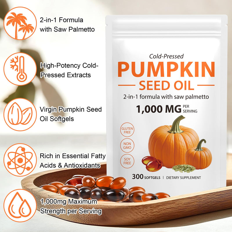 Pumpkin Seed Oil Capsules, 2 in 1 Pumpkins Seed Oil for Hair Growth,100% Natural Cold Pressed,Naturally Rich in Essential Fatty Acids,Skin Supplement,Cold Pressed,Non-GMO,Gluten Free 300 Softgels