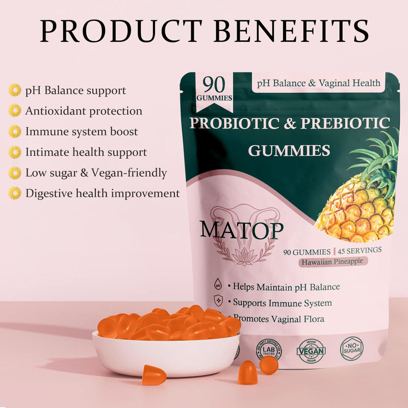 MATOP Probiotic Prebiotic pH Balance Gummies - Vaginal Health Gummies for Women Pro + Prebiotic with Pineapple Flavor, Vegan, Sugar-Free – 90 Gummies (45 Servings) 90 Count (Pack of 1)
