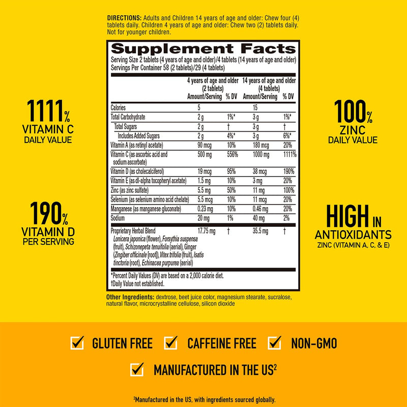 [Australia] - Airborne 1000mg Vitamin C + Zinc Immune Support Supplement Chewable Tablets, Very Berry Flavor with Powerful Antioxidants Vitamins A C & E, 116 Chewable Tablets (2 Pack) 116 Count (Pack of 2) 