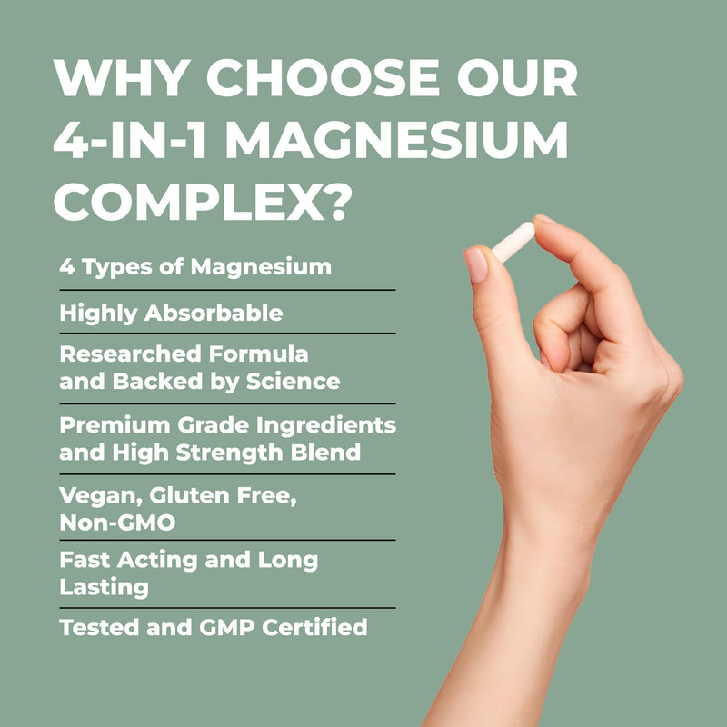 Magnesium Glycinate with Zinc & Vitamin D3 | 4 in 1 Complex | 1300mg Magnesium Supplements (Bisglycinate, Citrate & Malate) | 90 Vegan, Gluten-Free Capsules | High-Strength & Absorption